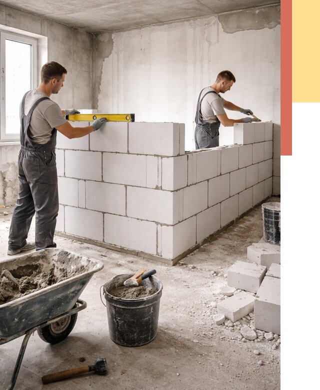 Кладка перегородок из ПГП в Куйбышеве от 2592 руб./м2 — монтаж и возведение под ключ | ОТДЕЛОЧНИК-Кбш