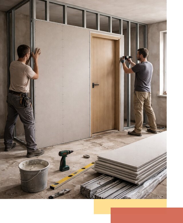 Перегородка из гипсокартона с дверью под ключ в Куйбышеве