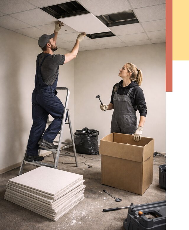 Демонтаж потолочной плитки в Куйбышеве от 4666 руб. быстро и недорого | ОТДЕЛОЧНИК-Кбш