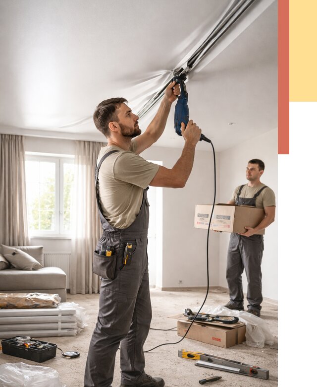 Монтаж сатинового натяжного потолка в Куйбышеве от 3629 руб. | Быстро, недорого — ОТДЕЛОЧНИК-Кбш