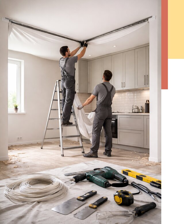 Установка натяжного потолка на кухне в Куйбышеве от 2489 руб. | ОТДЕЛОЧНИК-Кбш