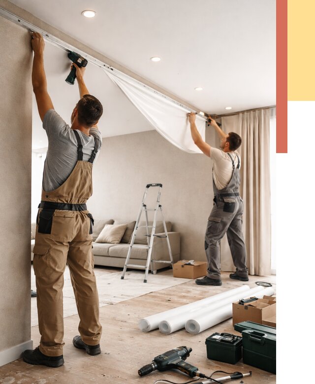 Монтаж натяжного потолка в гостиной в Куйбышеве от 570 руб. | ОТДЕЛОЧНИК-Кбш