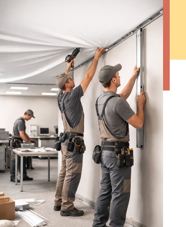 Монтаж натяжного потолка в офисе в Куйбышеве от 467 руб/м² — быстро и недорого | ОТДЕЛОЧНИК-Кбш