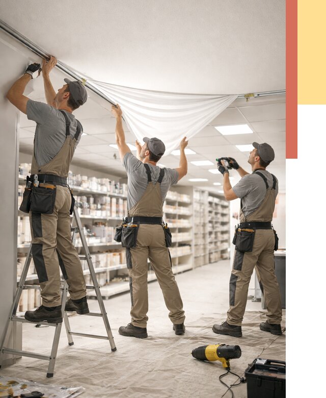 Монтаж натяжного потолка в магазине в Куйбышеве от 4666 руб. быстро и недорого | ОТДЕЛОЧНИК-Кбш