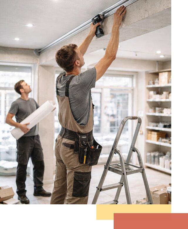 Монтаж натяжных потолков в магазине в Куйбышеве