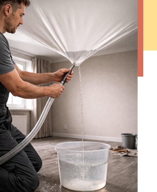 Слив воды с натяжного потолка в Куйбышеве от 2592 руб. быстро и недорого | ОТДЕЛОЧНИК-Кбш