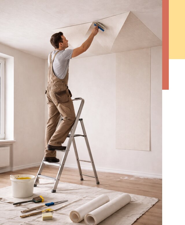 Поклейка обоев на потолок в Куйбышеве от 4666 руб. быстро и недорого | ОТДЕЛОЧНИК-Кбш